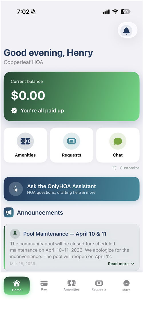 OnlyHOA resident app on iOS, showing a homeowner's balance, notices, and quick actions.