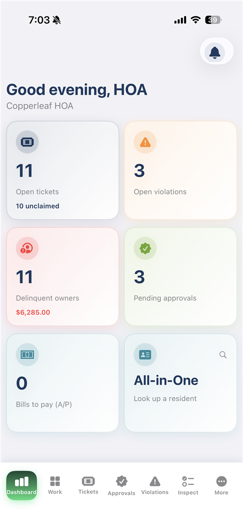 OnlyHOA staff app on a phone, showing the community dashboard with reserves, open work orders, and delinquency.