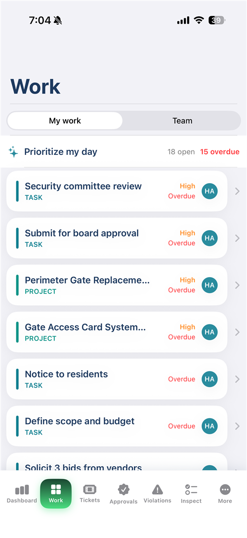 OnlyHOA staff app — Community IQ ranking today's work into a prioritized list.